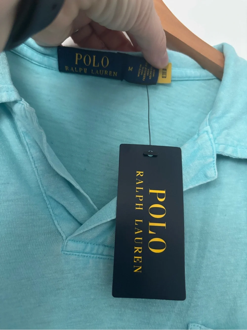 NWT Polo Ralph Lauren Cotton-Linen Johnny Collar Pocket Polo Shirt Aqua Blue M